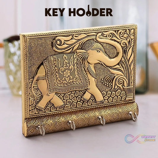 Wooden Key Holder for Home Decor Stylish Metal Gold Antique Elephant Design (1 Pc) - infinityexculsivestore.com