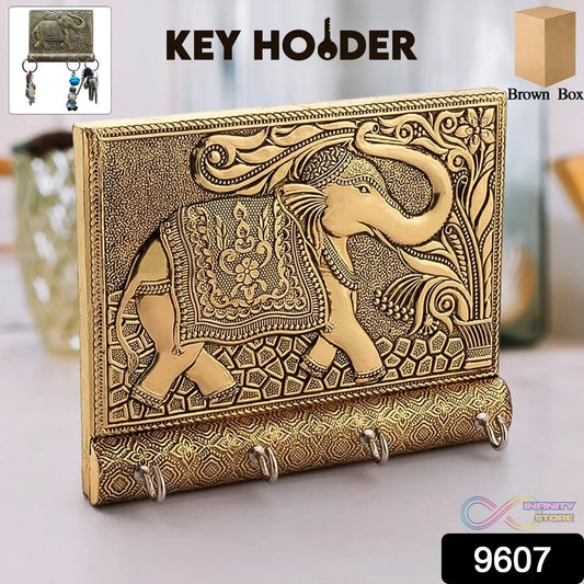 Wooden Key Holder for Home Decor Stylish Metal Gold Antique Elephant Design (1 Pc) - infinityexculsivestore.com
