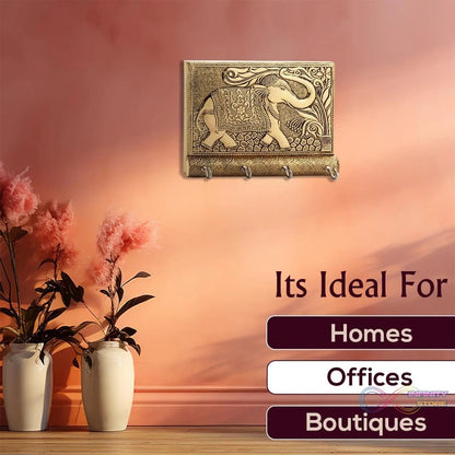 Wooden Key Holder for Home Decor Stylish Metal Gold Antique Elephant Design (1 Pc) - infinityexculsivestore.com