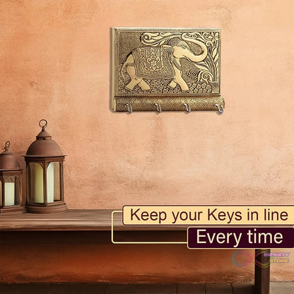 Wooden Key Holder for Home Decor Stylish Metal Gold Antique Elephant Design (1 Pc) - infinityexculsivestore.com