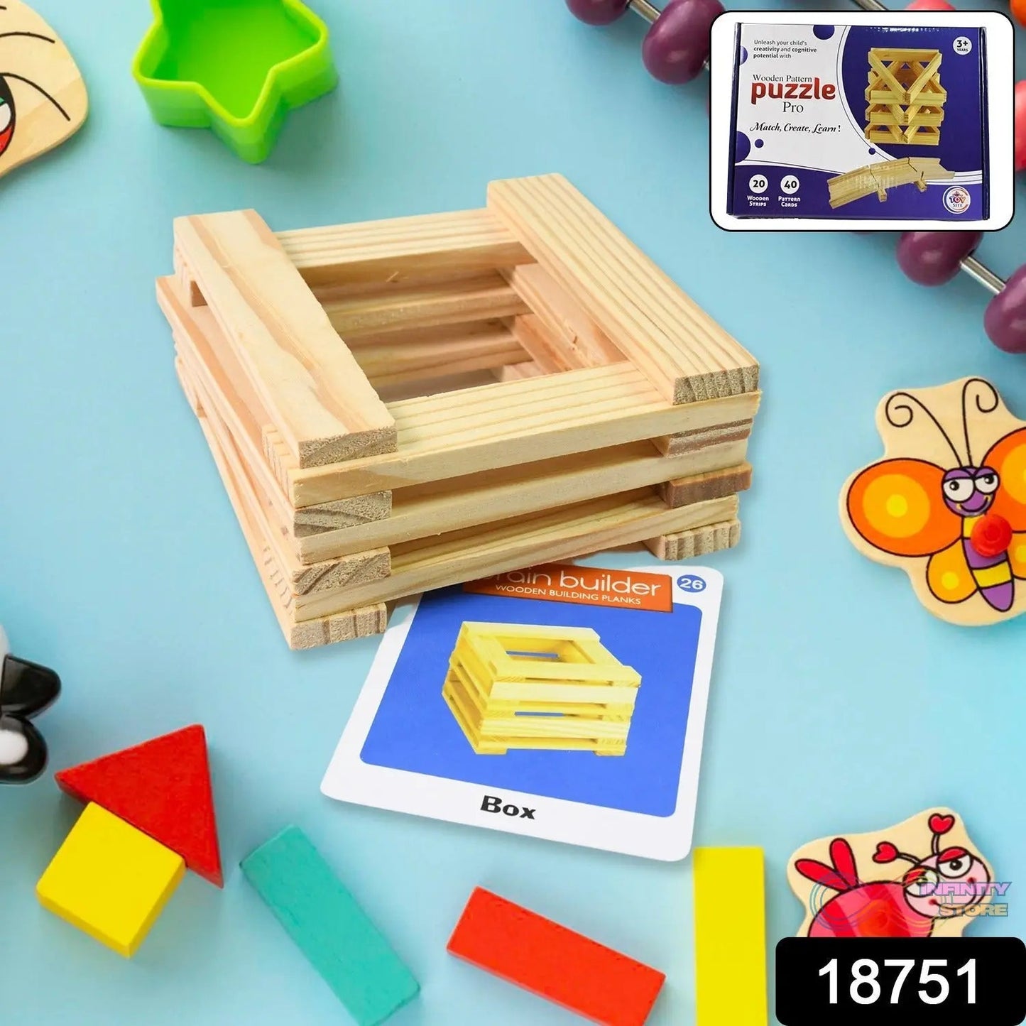 Wooden Pattern Brain Puzzles 20 Pcs Wooden Strips, 40 Pattern Cards (1 Set) - infinityexculsivestore.com