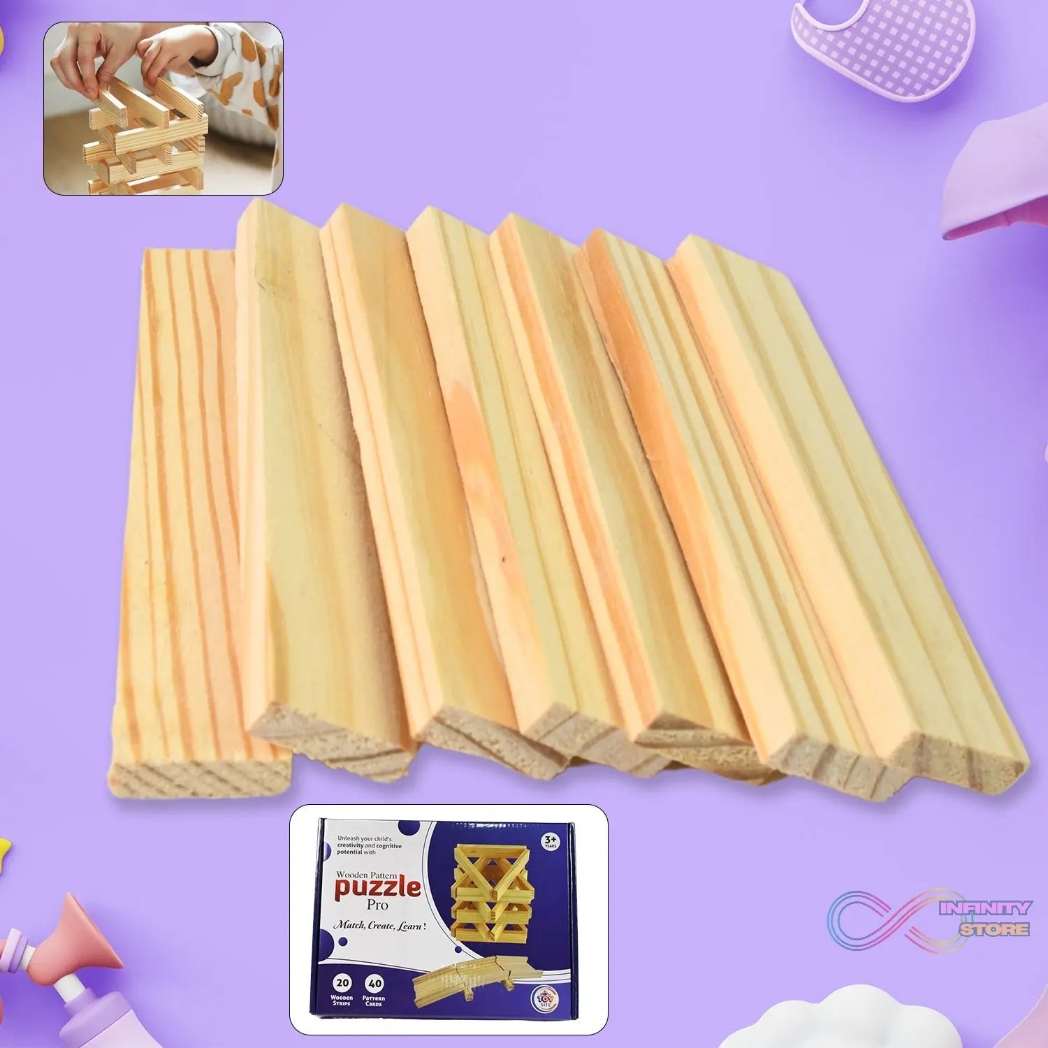 Wooden Pattern Brain Puzzles 20 Pcs Wooden Strips, 40 Pattern Cards (1 Set) - infinityexculsivestore.com