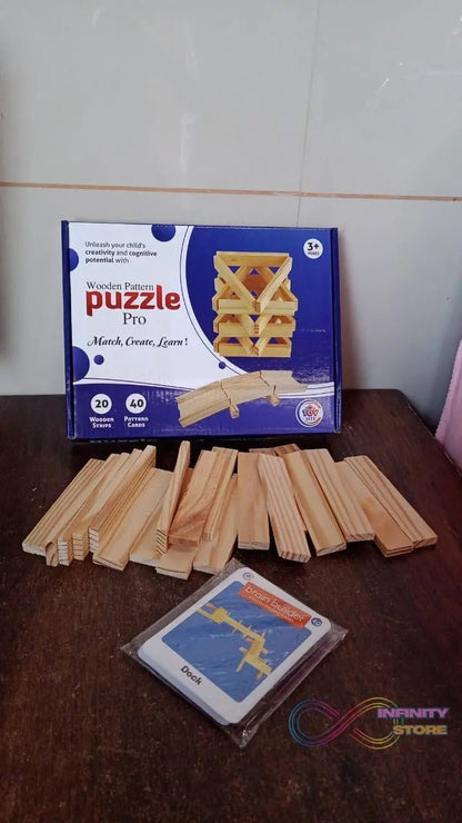 Wooden Pattern Brain Puzzles 20 Pcs Wooden Strips, 40 Pattern Cards (1 Set) - infinityexculsivestore.com