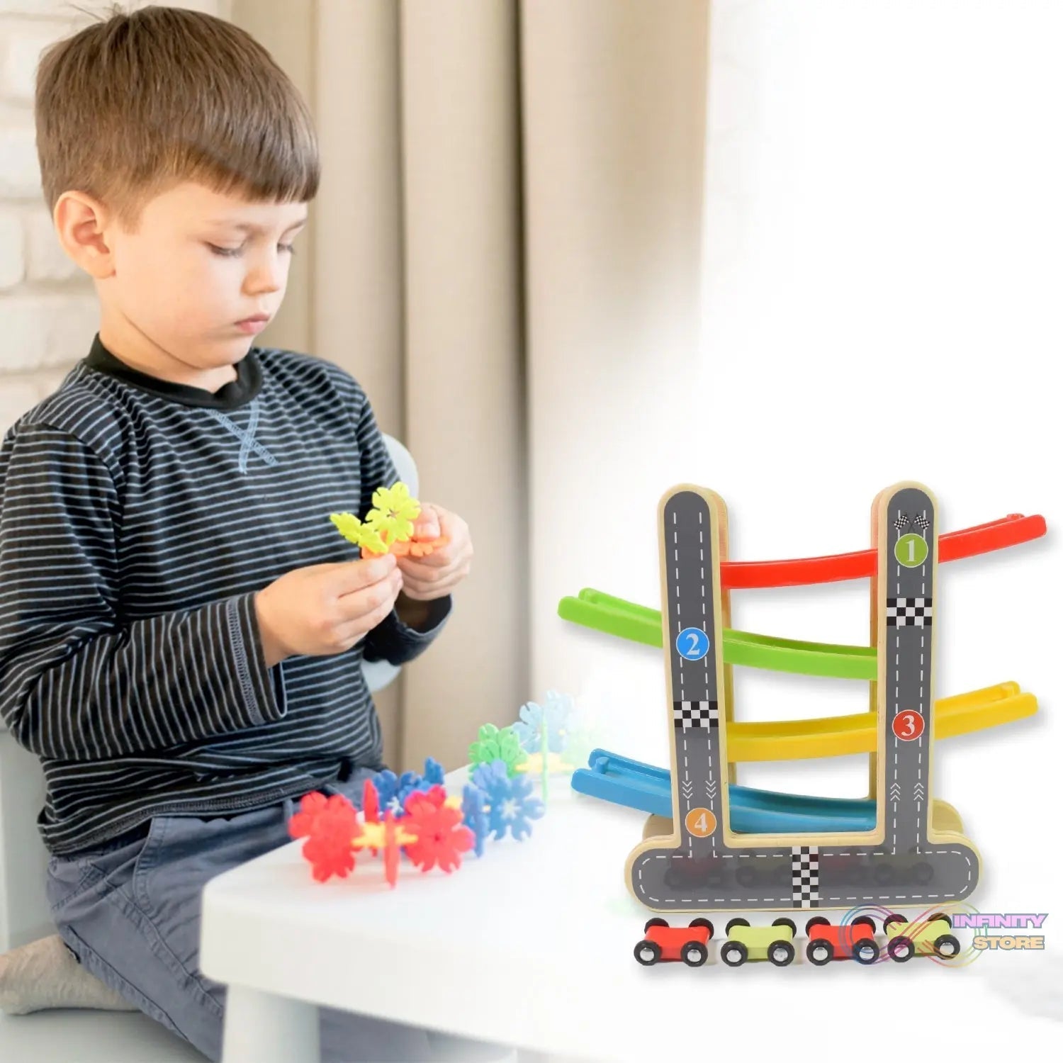 Wooden Ramp Racer Race Track Vehicle Play sets With 4 Mini Racers (with Handle) - infinityexculsivestore.com