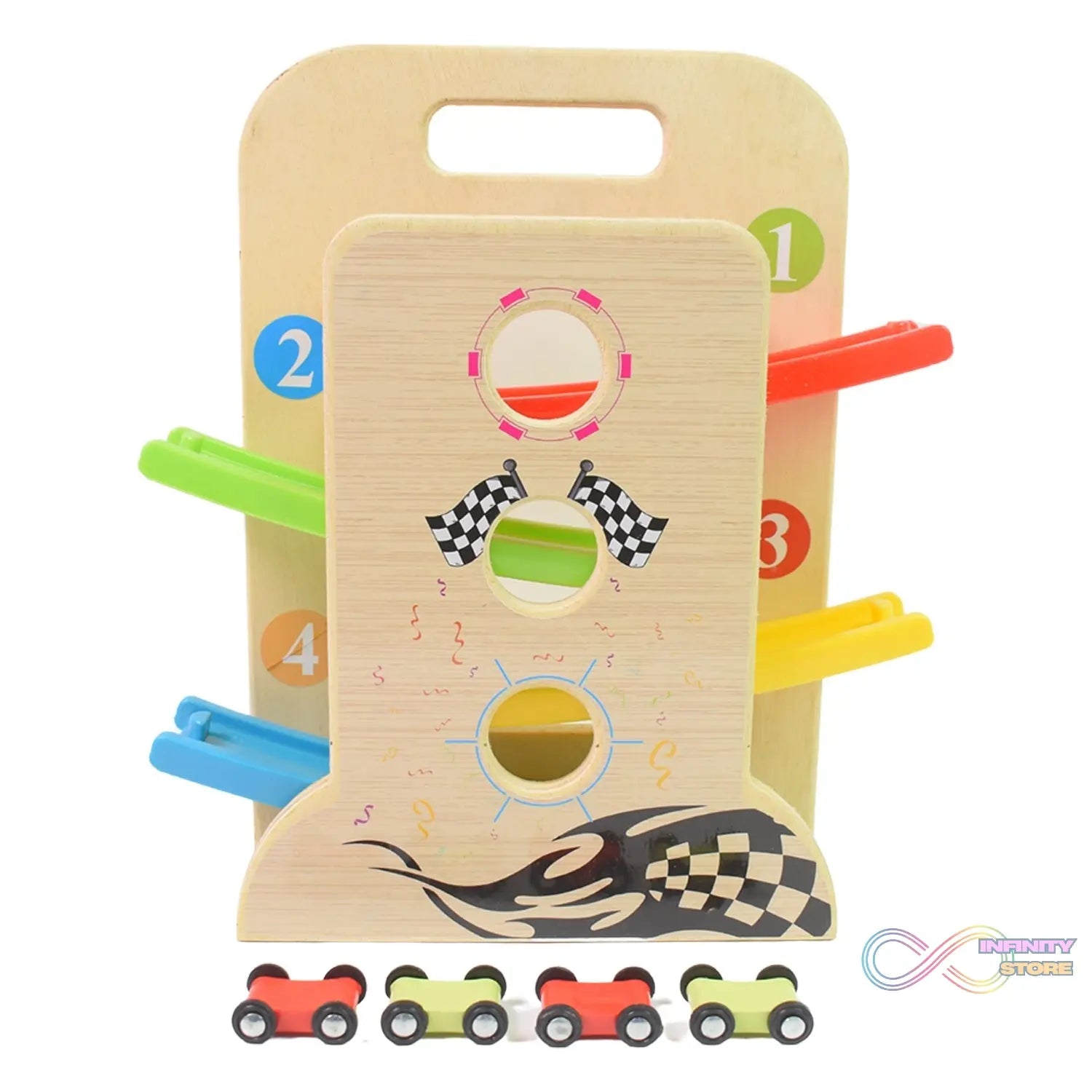 Wooden Ramp Racer Race Track Vehicle Play sets With 4 Mini Racers (with Handle) - infinityexculsivestore.com