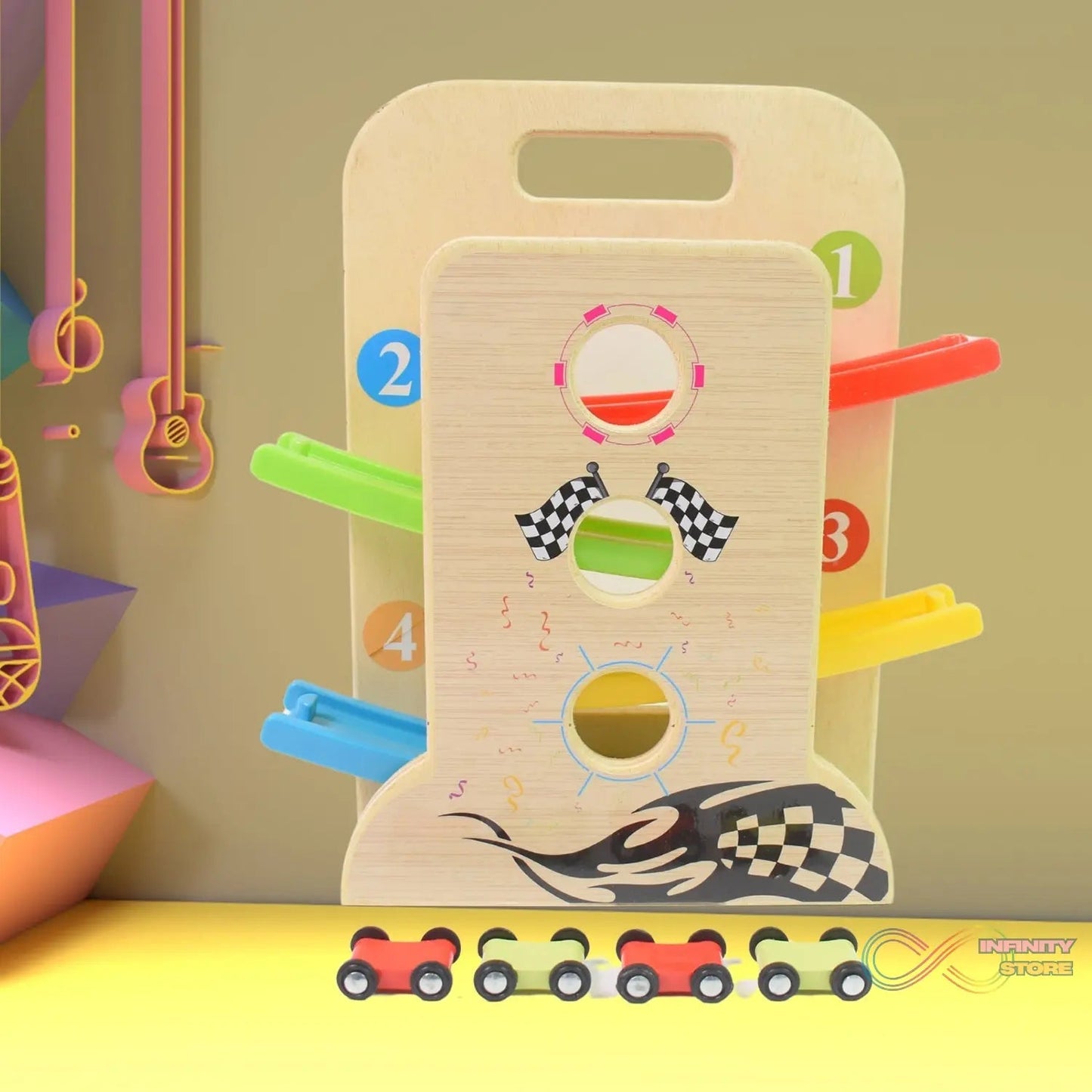 Wooden Ramp Racer Race Track Vehicle Play sets With 4 Mini Racers (with Handle) - infinityexculsivestore.com