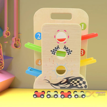 Wooden Ramp Racer Race Track Vehicle Play sets With 4 Mini Racers (with Handle) - infinityexculsivestore.com
