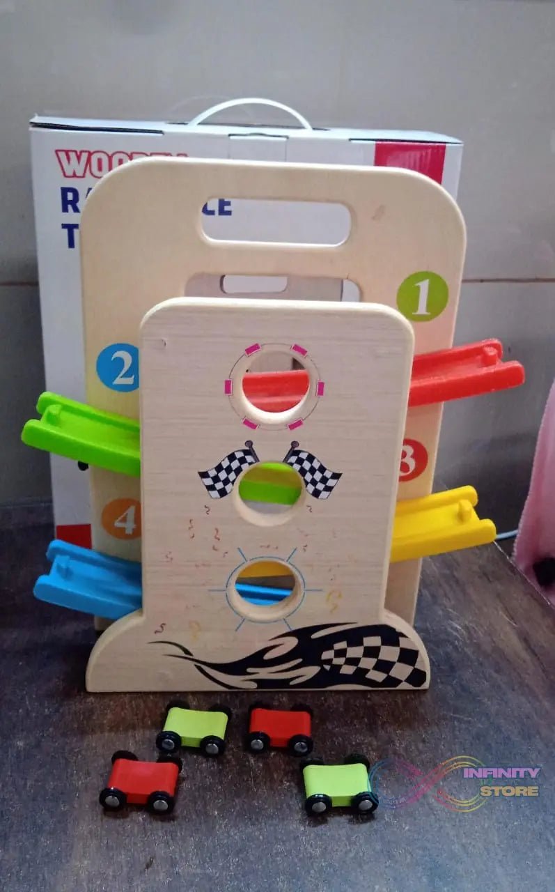 Wooden Ramp Racer Race Track Vehicle Play sets With 4 Mini Racers (with Handle) - infinityexculsivestore.com