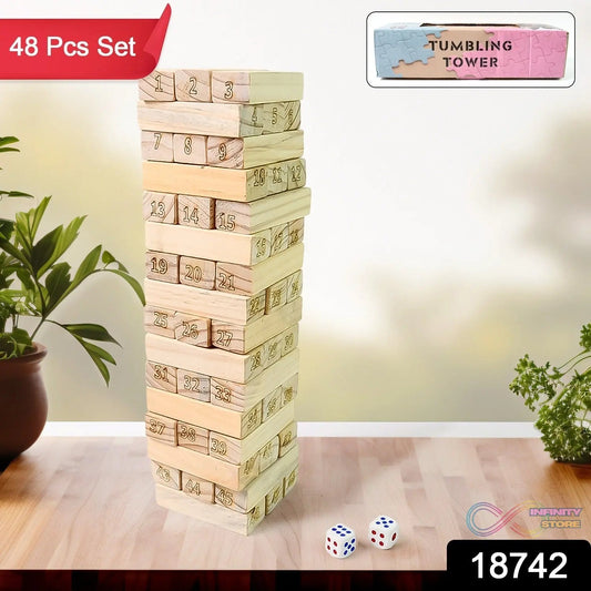 Wooden Tumbling Stacking Tower Game, Zenga tower (48 Pcs Blocks 2 Dices) - infinityexculsivestore.com