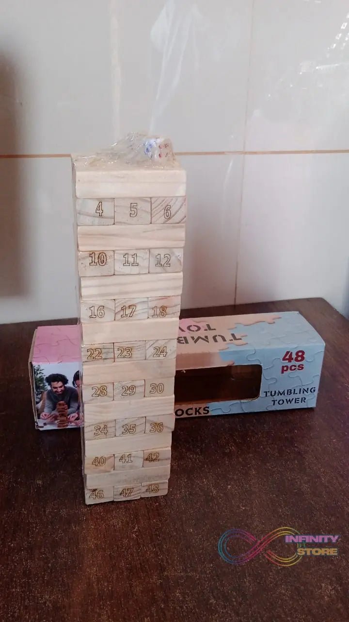 Wooden Tumbling Stacking Tower Game, Zenga tower (48 Pcs Blocks 2 Dices) - infinityexculsivestore.com