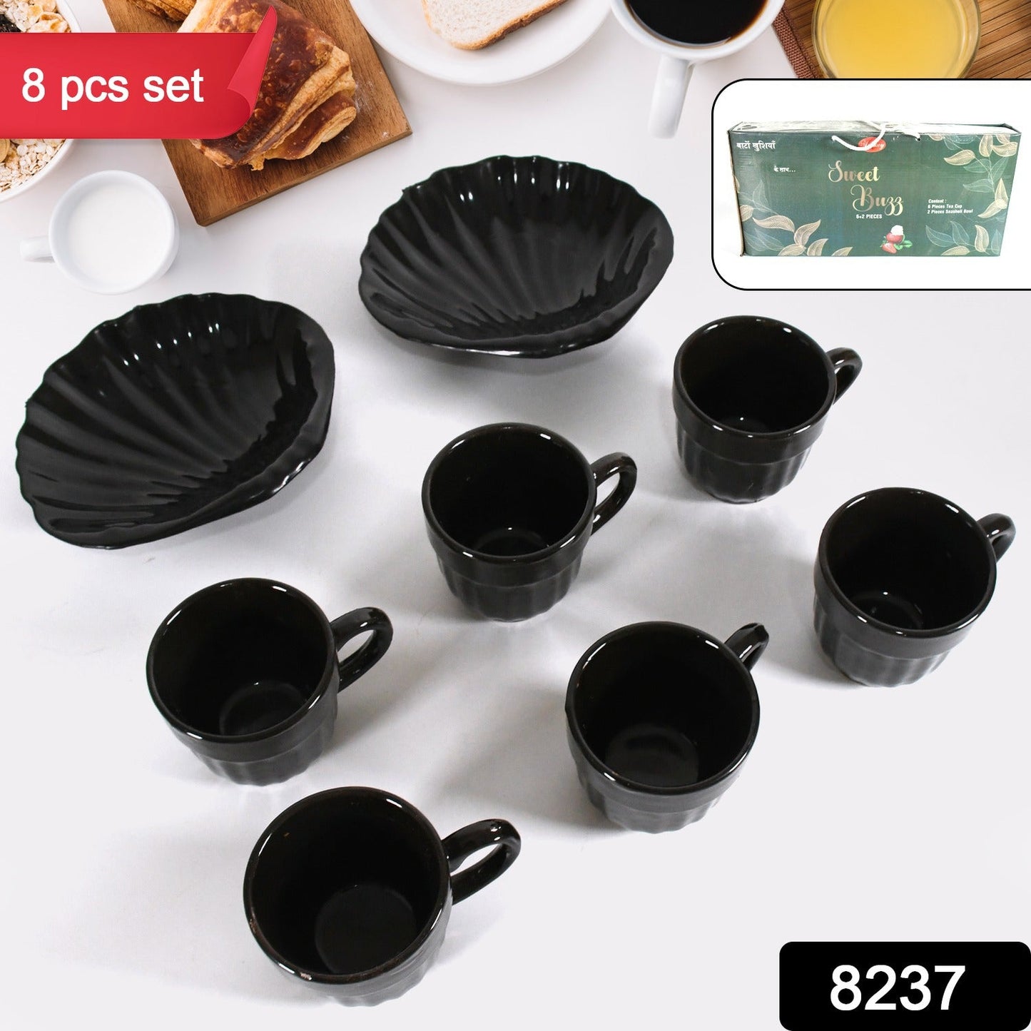 Sweet Buzz Ceramic Tea / cups / Mug Set With Seashell Shape Serving Bowl Milk Cup, Coffee Cup, Tea Cup, Breakfast Cup, Drinking Mug or Outdoor for Household, Gift for Birthday, Wedding Party (8 Pcs set) - infinityexculsivestore.com