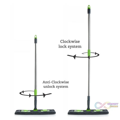 Multi-color microfiber flat mop with rotating head, telescopic handle, for wet and dry cleaning.