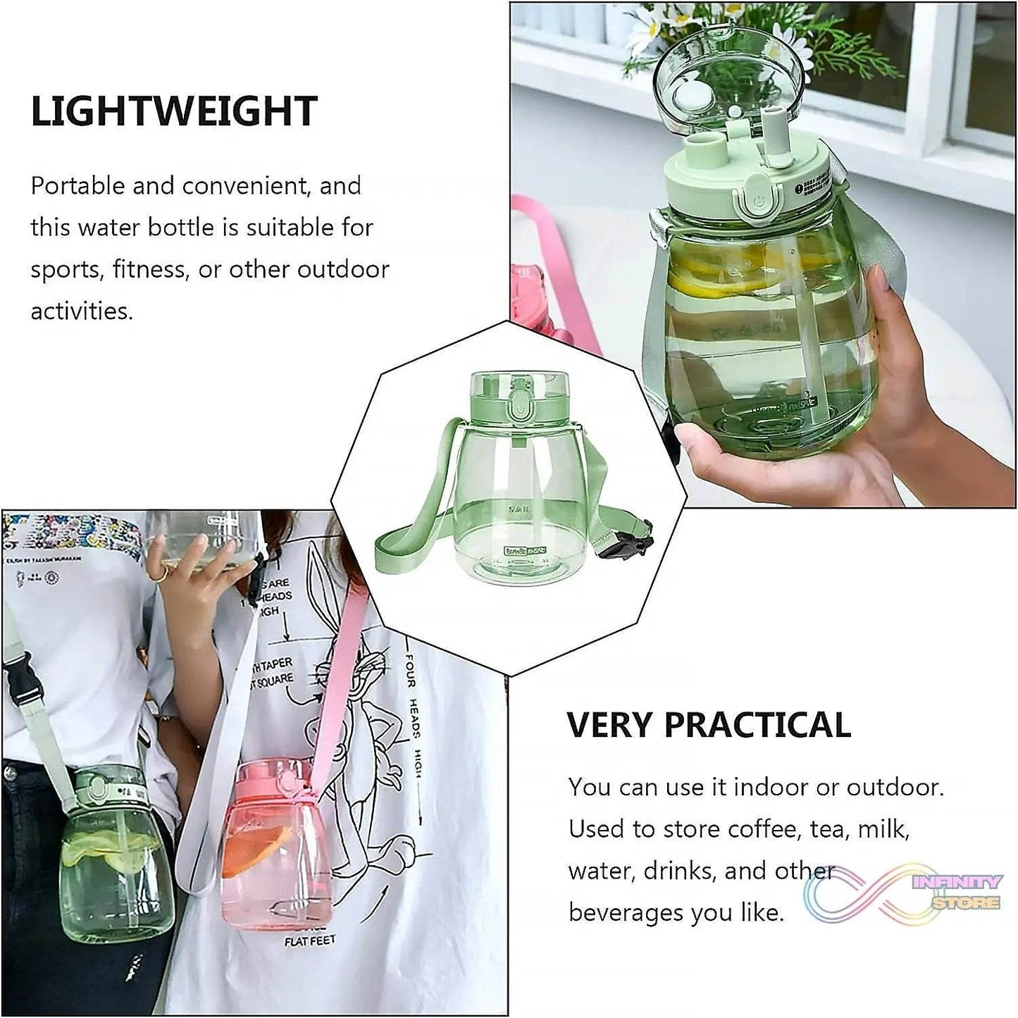 Insulated Water Bottle Portable Water Bottle With Strap, Sticker and Straw Cute Outdoor Sports Bottle For Water Travel Drinkware Jug Travel Water Bottle large Capacity Water Jug, Gym / Kid / Outdoor Sport / Campus, Fashionable (1300 ML Approx) - infinityexculsivestore.com