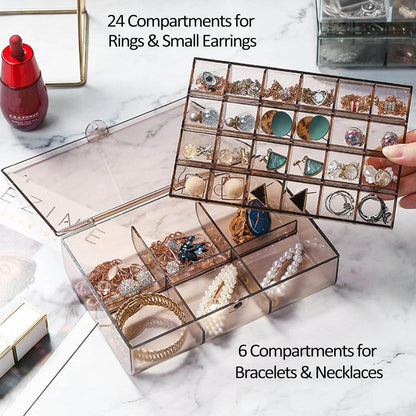 2 layer Acrylic Jewelry Storage Box Dustproof Earring Box, Storage Box Portable Nail Art Storage Case, 24 - Grid Small and 6 - Grid Big case Makeup Vanity Box (1 Pc / 30 Compartment) - infinityexculsivestore.com