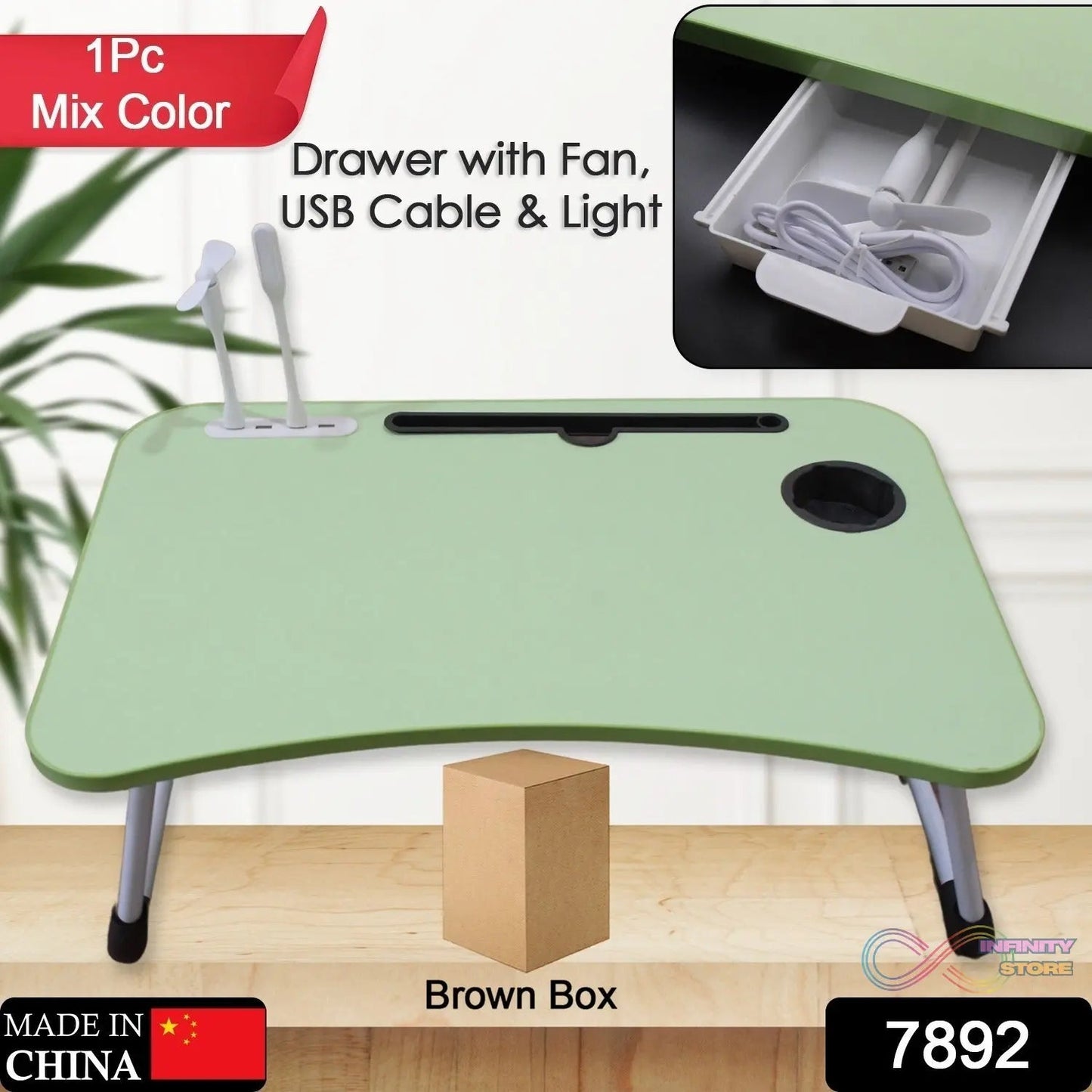MultiPurpose Study Table Foldable Portable Notebook Bed Lap Desk Tray Stand Reading Holder with Coffee Cup Slot, Drawer, Fan, USB Cable & Light for Breakfast, Reading & Movie Watching (1 Pc Mix Color) - infinityexculsivestore.com