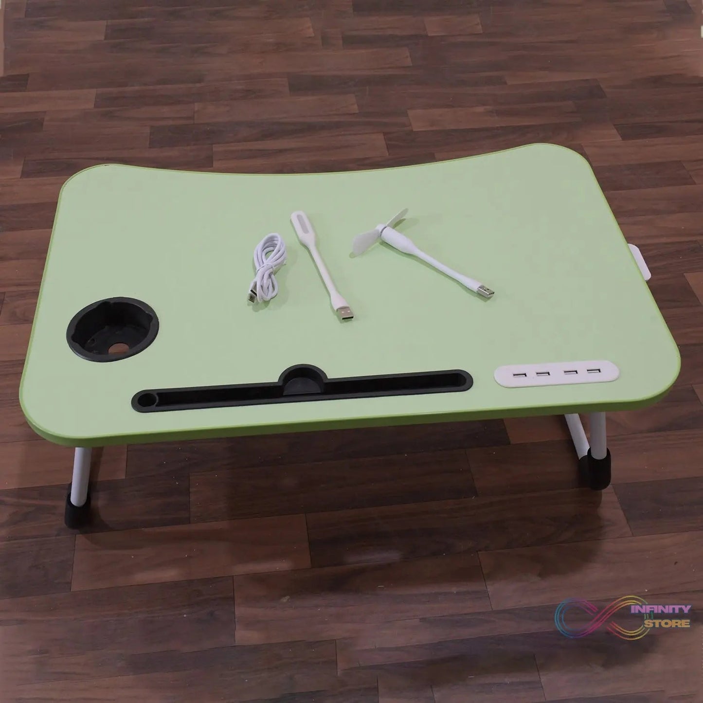 MultiPurpose Study Table Foldable Portable Notebook Bed Lap Desk Tray Stand Reading Holder with Coffee Cup Slot, Drawer, Fan, USB Cable & Light for Breakfast, Reading & Movie Watching (1 Pc Mix Color) - infinityexculsivestore.com