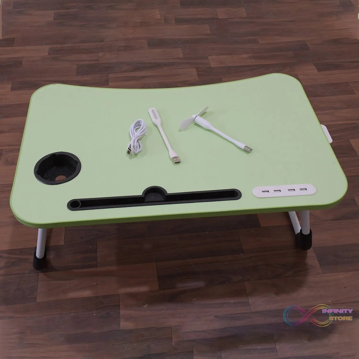 MultiPurpose Study Table Foldable Portable Notebook Bed Lap Desk Tray Stand Reading Holder with Coffee Cup Slot, Drawer, Fan, USB Cable & Light for Breakfast, Reading & Movie Watching (1 Pc Mix Color) - infinityexculsivestore.com