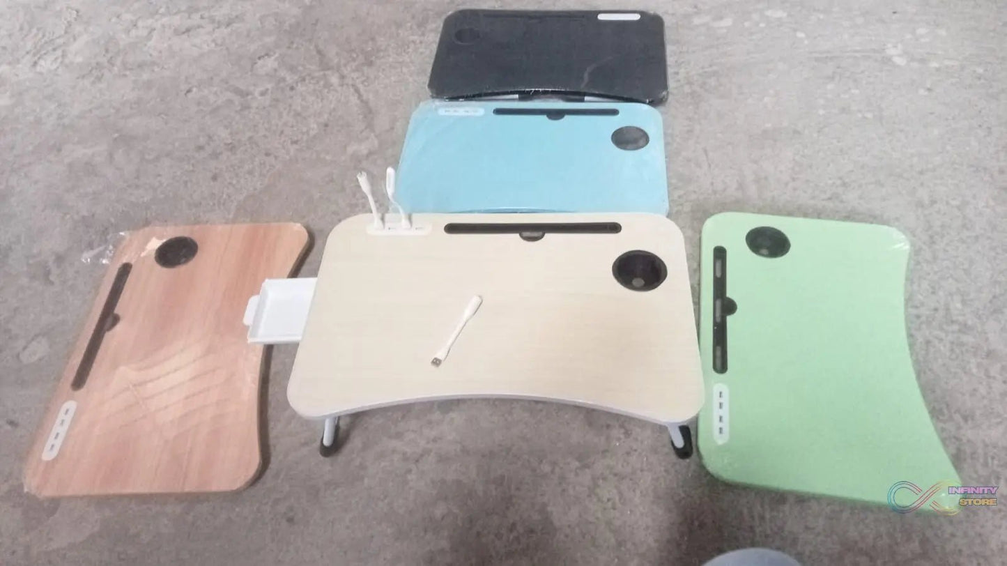 MultiPurpose Study Table Foldable Portable Notebook Bed Lap Desk Tray Stand Reading Holder with Coffee Cup Slot, Drawer, Fan, USB Cable & Light for Breakfast, Reading & Movie Watching (1 Pc Mix Color) - infinityexculsivestore.com