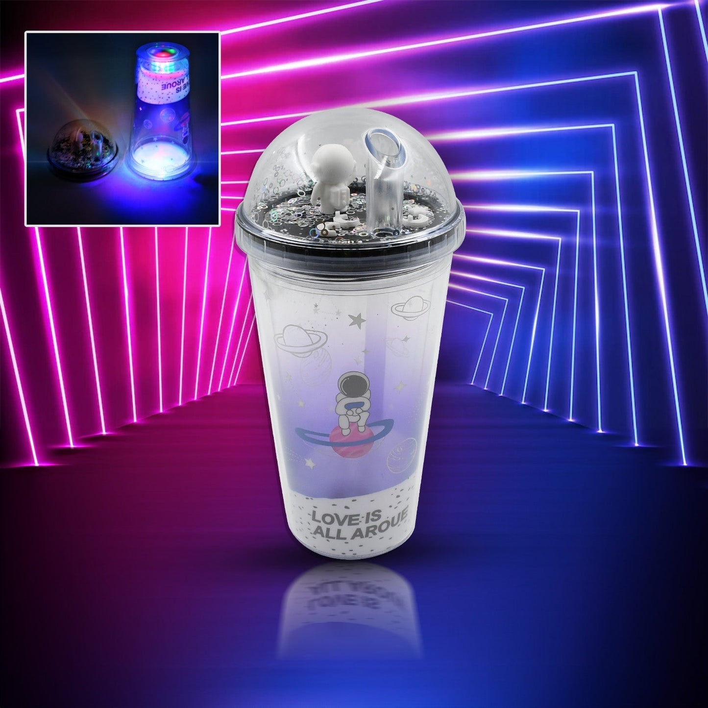 LED Glow Light, Design Printed Insulated Double Wall Plastic Tumbler Cups With Straws 13oz Theming Astronaut in Space Travel Tumbler Freezer Mug Drinking Cups for Boys and Girls School/Tuition/Gym/ Picnic (Pack Of 1) - infinityexculsivestore.com