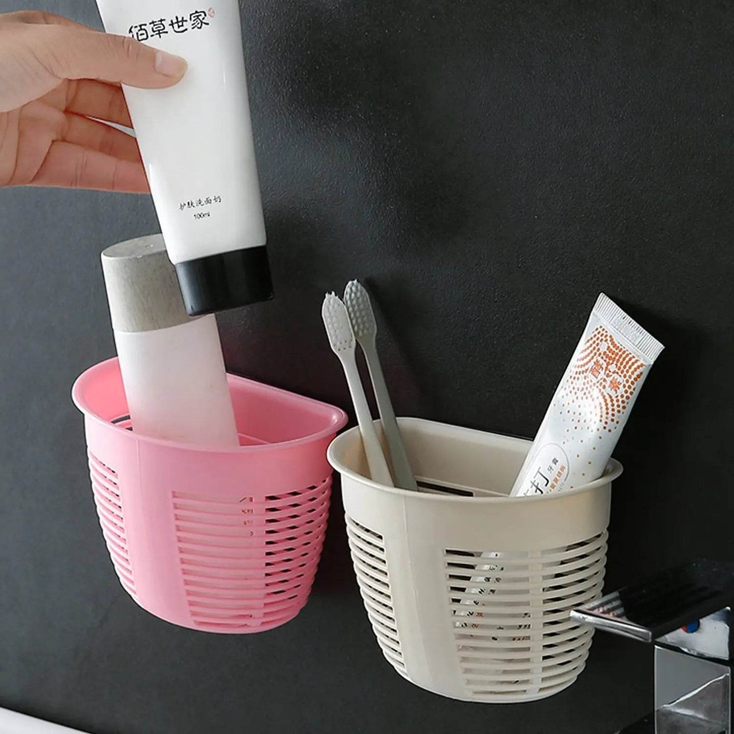 Hanging Plastic Storage Basket, Adhesive Wall Mounted Organizer Box Make Up Holder Shelf Bathroom Wall Basket Punch Free Drain Basket for Kitchen Bathroom, Wall Type Storage Basket (1 Pc) - infinityexculsivestore.com