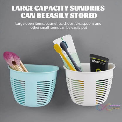 Hanging Plastic Storage Basket, Adhesive Wall Mounted Organizer Box Make Up Holder Shelf Bathroom Wall Basket Punch Free Drain Basket for Kitchen Bathroom, Wall Type Storage Basket (1 Pc) - infinityexculsivestore.com