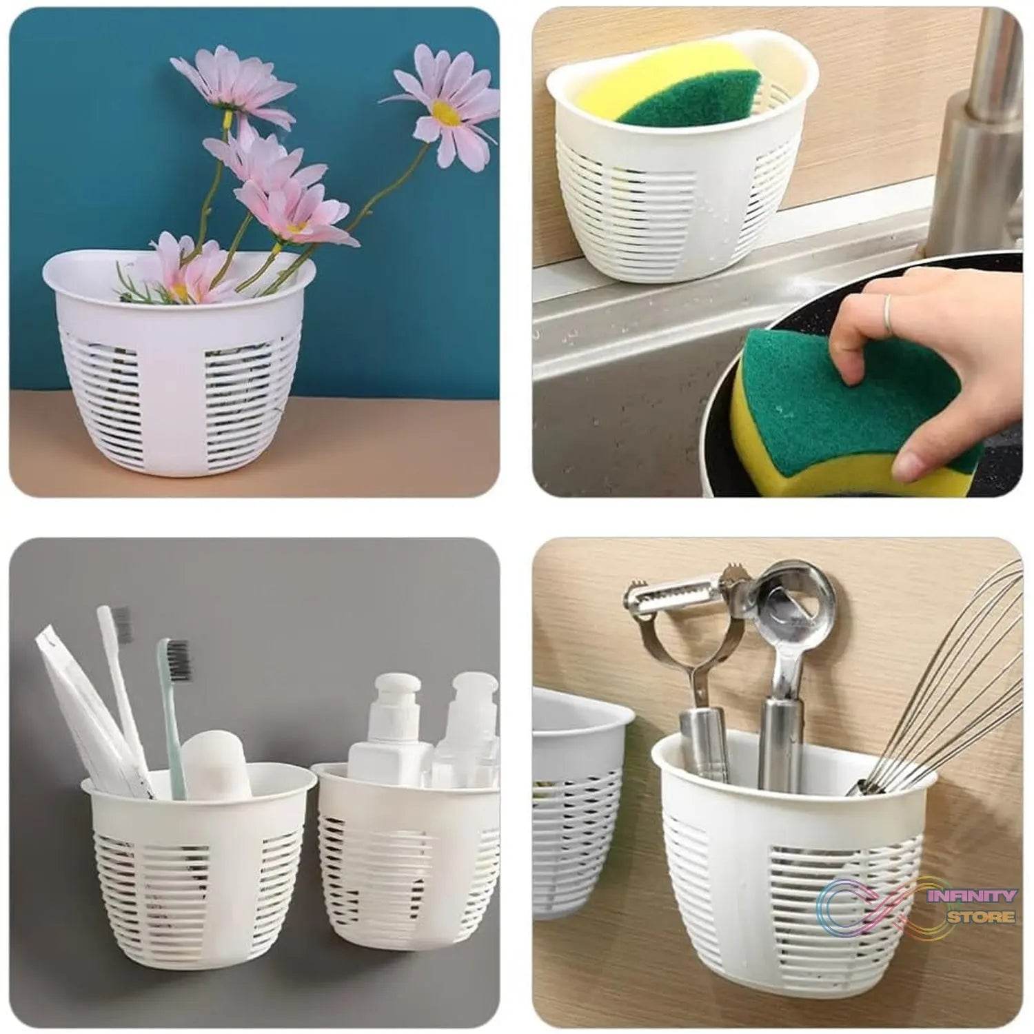 Hanging Plastic Storage Basket, Adhesive Wall Mounted Organizer Box Make Up Holder Shelf Bathroom Wall Basket Punch Free Drain Basket for Kitchen Bathroom, Wall Type Storage Basket (1 Pc) - infinityexculsivestore.com