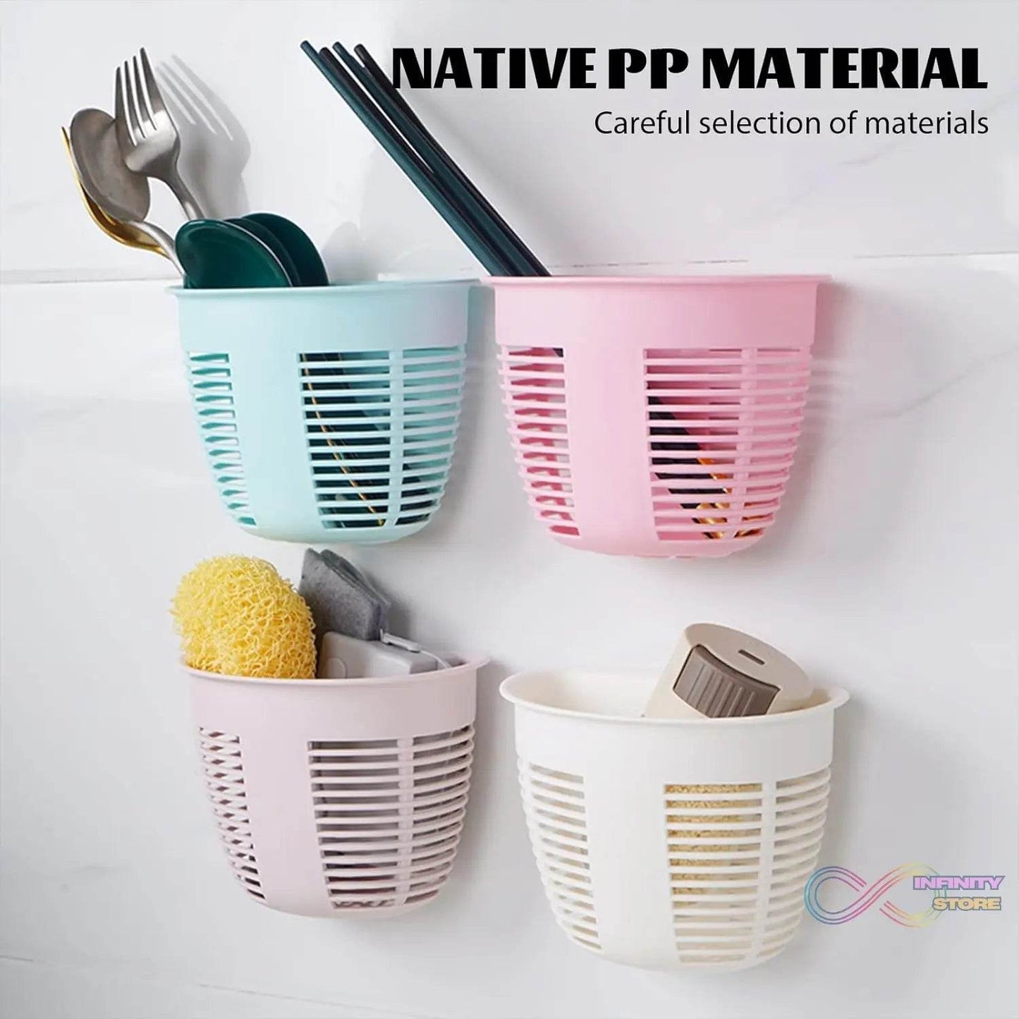 Hanging Plastic Storage Basket, Adhesive Wall Mounted Organizer Box Make Up Holder Shelf Bathroom Wall Basket Punch Free Drain Basket for Kitchen Bathroom, Wall Type Storage Basket (1 Pc) - infinityexculsivestore.com