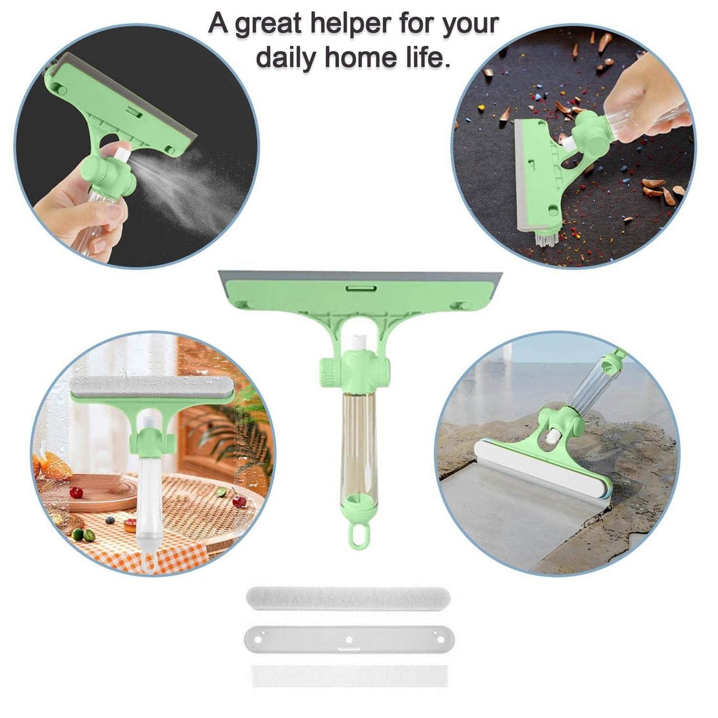 4 in 1 Multifunctional Glass Scraper, Window Glass Wiper with Watering Can, Silicon Cleaning Squeegee with Two Brush Heads, Practical Squeegee for Shower Doors, Windows, Tiles and Car Glass - infinityexculsivestore.com