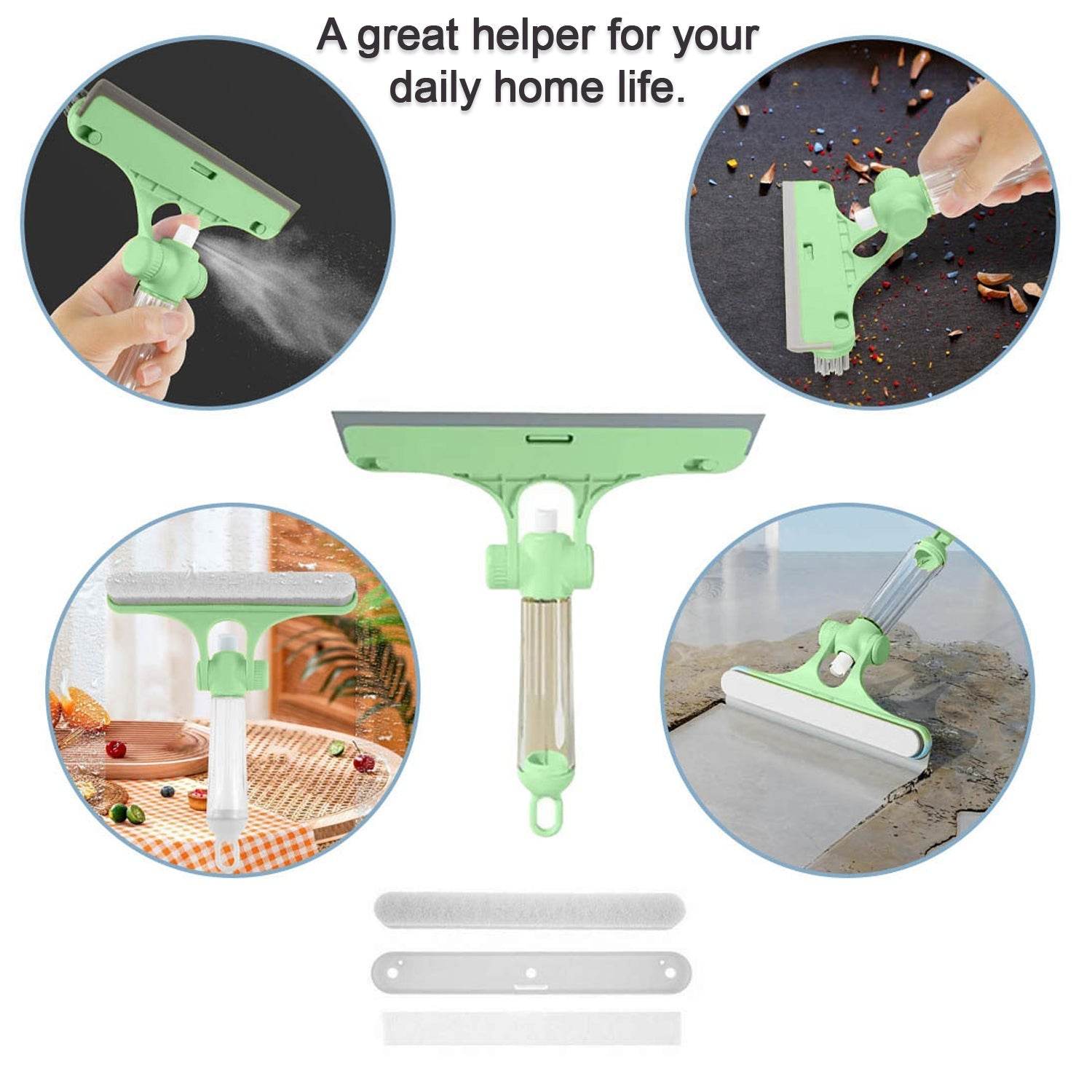 4 in 1 Multifunctional Glass Scraper, Window Glass Wiper with Watering Can, Silicon Cleaning Squeegee with Two Brush Heads, Practical Squeegee for Shower Doors, Windows, Tiles and Car Glass - infinityexculsivestore.com