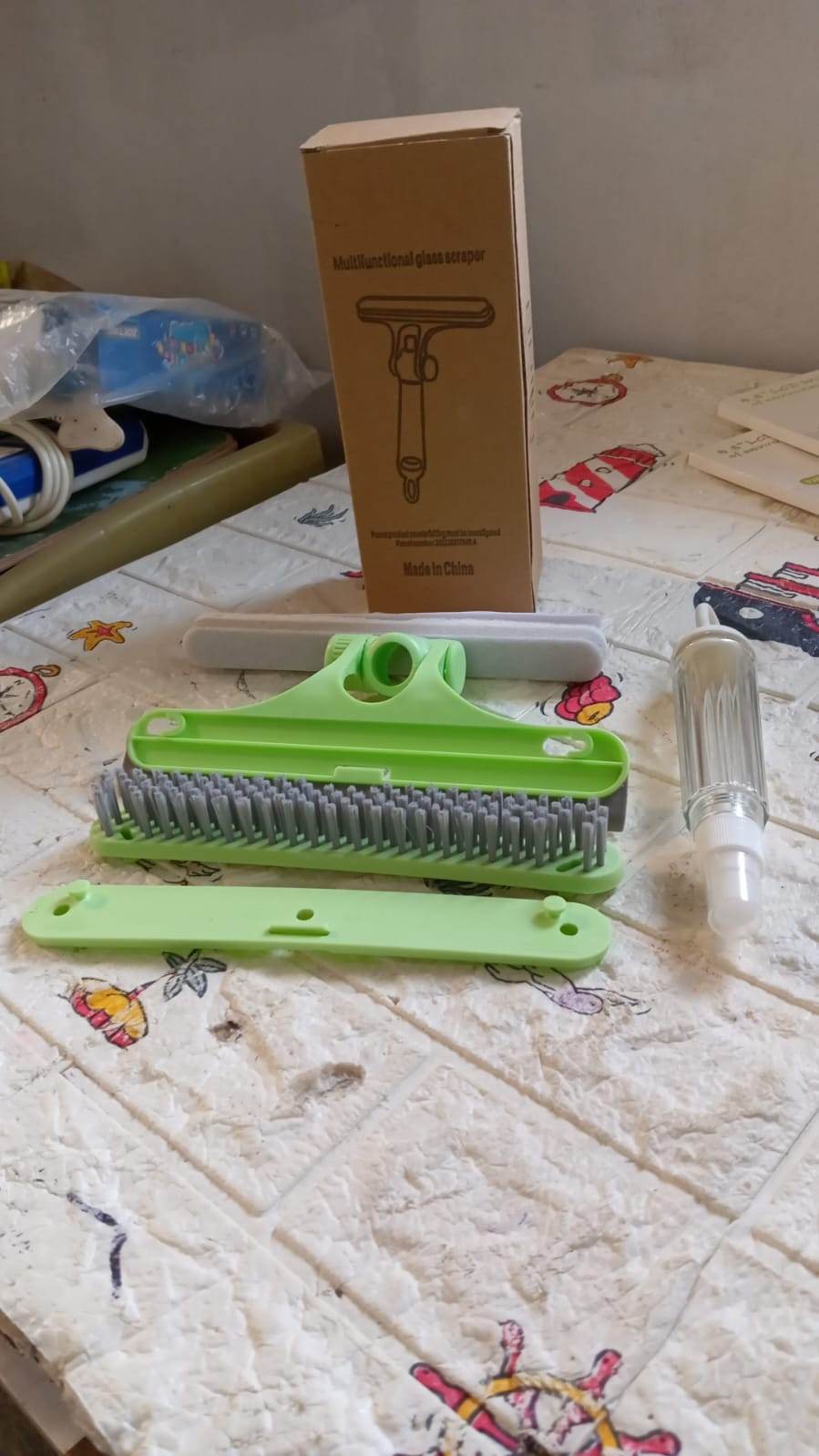 4 in 1 Multifunctional Glass Scraper, Window Glass Wiper with Watering Can, Silicon Cleaning Squeegee with Two Brush Heads, Practical Squeegee for Shower Doors, Windows, Tiles and Car Glass - infinityexculsivestore.com