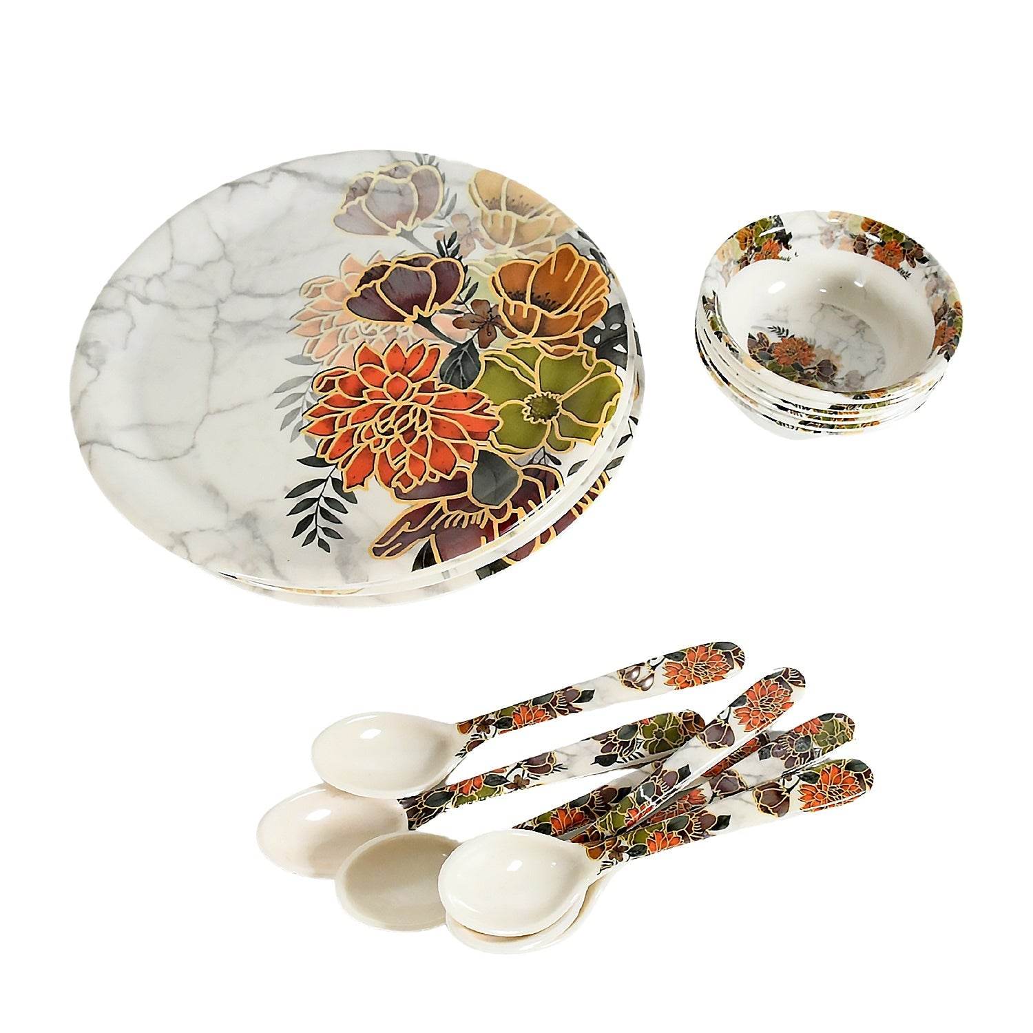 Dream High Quality plastic Dinning Dinner set with Unique Flower Design Printed, 6 pc Plates, 6 pc Bowls and 6 pc Serving Spoon, Lightweight Round Plates and Bowls, Microwave, and Dishwasher Safe (18 Pcs set) - infinityexculsivestore.com