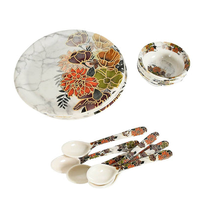 Dream High Quality plastic Dinning Dinner set with Unique Flower Design Printed, 6 pc Plates, 6 pc Bowls and 6 pc Serving Spoon, Lightweight Round Plates and Bowls, Microwave, and Dishwasher Safe (18 Pcs set) - infinityexculsivestore.com