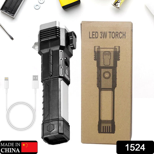 Portable 3w Rechargeable Torch LED Flashlight Long Distance Beam Range, Hammer and Strong Magnets, Window Glass and Seat Belt Cutter 4 Modes for Car Camping Hiking Indoor Outdoor - infinityexculsivestore.com