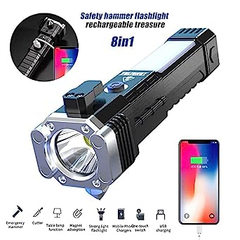 Portable 3w Rechargeable Torch LED Flashlight Long Distance Beam Range, Hammer and Strong Magnets, Window Glass and Seat Belt Cutter 4 Modes for Car Camping Hiking Indoor Outdoor - infinityexculsivestore.com