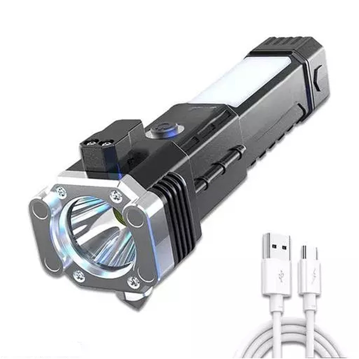 Portable 3w Rechargeable Torch LED Flashlight Long Distance Beam Range, Hammer and Strong Magnets, Window Glass and Seat Belt Cutter 4 Modes for Car Camping Hiking Indoor Outdoor - infinityexculsivestore.com
