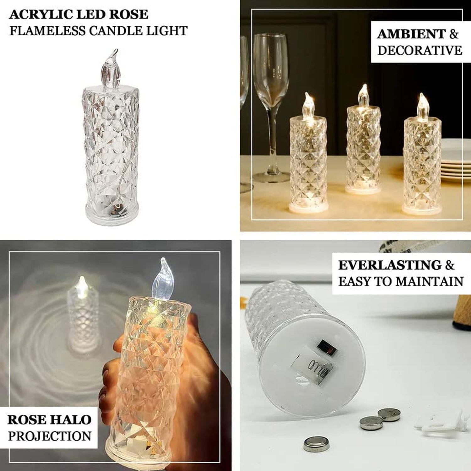 Rose Candles LED Flameless and Smokeless Decorative Acrylic Transparent Candles Led Tea Light Candle Perfect for Gifting, Home, Diwali, Christmas, Crystal Candle Lights (1 Pc) (MOQ : - 12 pc ) - infinityexculsivestore.com