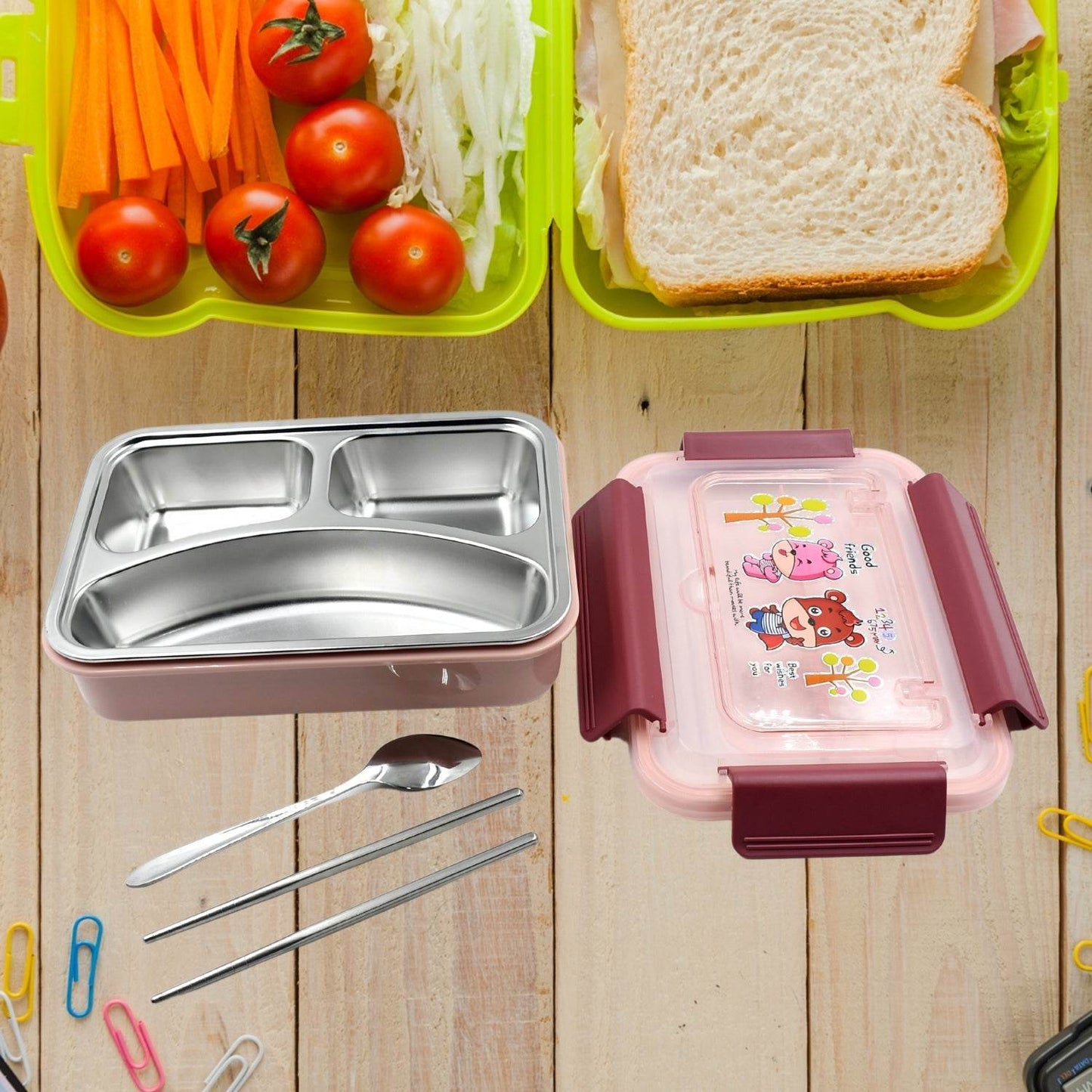 Food‑Safe Materials Kids Lunch Box With steel Spoon & chopsticks Compartment is Designed Made of 304 Stainless Steel Easy to Clean for School for Camping for Work for Home, Office - infinityexculsivestore.com