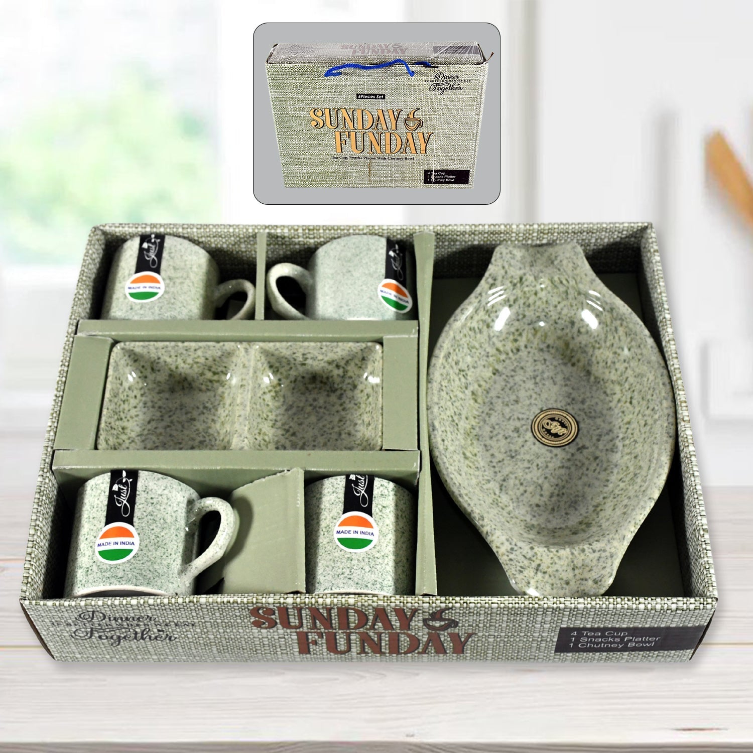 Sunday Funday Ceramic Tea / cups / Mug With Plastic Snacks Platter and 2 compartment Chutney Bowl Milk Cup, Coffee Cup, Breakfast Cup, Drinking Mug or Outdoor for Household, Gift for Birthday, Wedding Party (6 Pcs set) - infinityexculsivestore.com