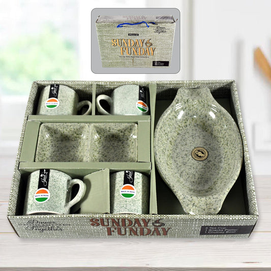 Sunday Funday Ceramic Tea / cups / Mug With Plastic Snacks Platter and 2 compartment Chutney Bowl Milk Cup, Coffee Cup, Breakfast Cup, Drinking Mug or Outdoor for Household, Gift for Birthday, Wedding Party (6 Pcs set) - infinityexculsivestore.com