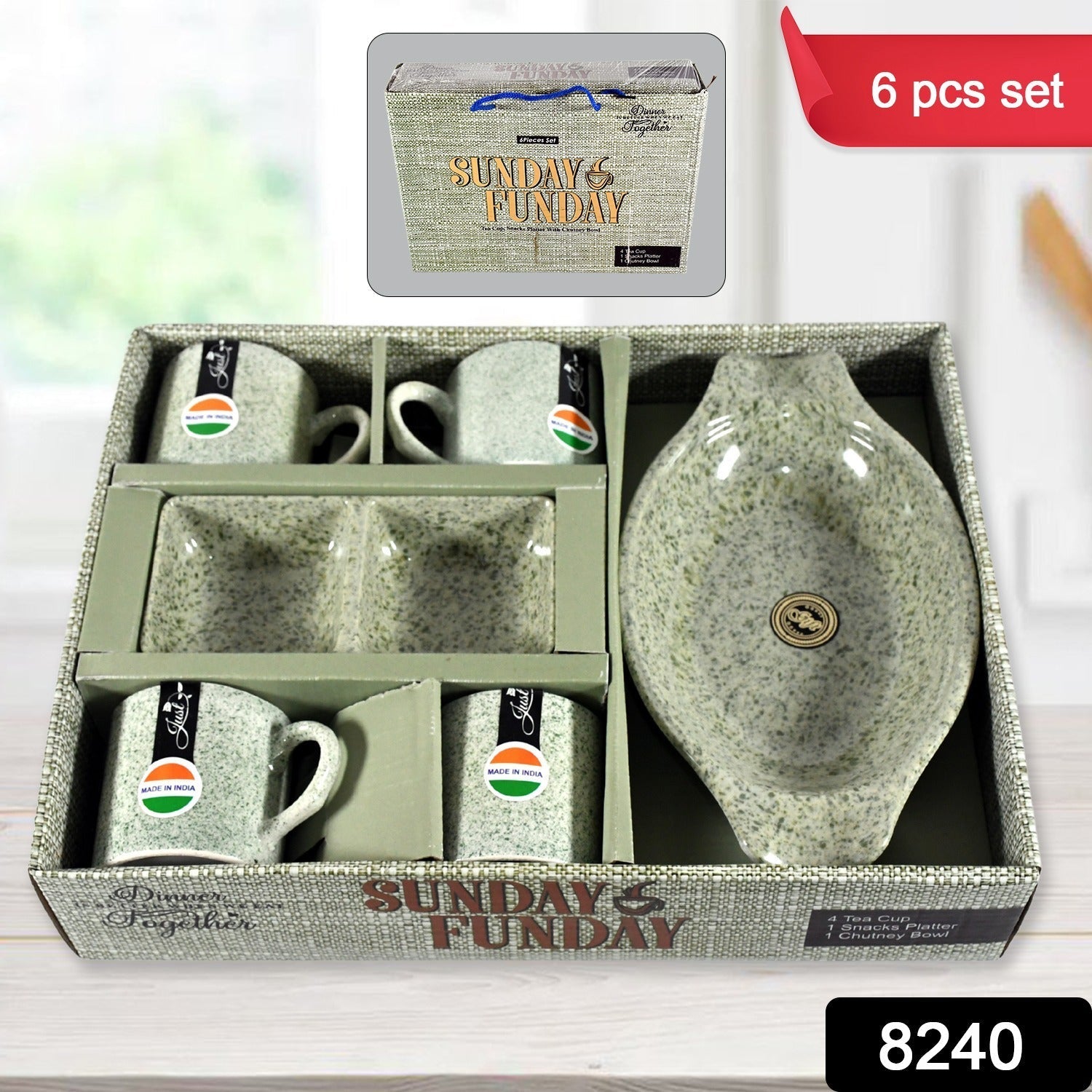 Sunday Funday Ceramic Tea / cups / Mug With Plastic Snacks Platter and 2 compartment Chutney Bowl Milk Cup, Coffee Cup, Breakfast Cup, Drinking Mug or Outdoor for Household, Gift for Birthday, Wedding Party (6 Pcs set) - infinityexculsivestore.com