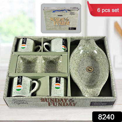 Sunday Funday Ceramic Tea / cups / Mug With Plastic Snacks Platter and 2 compartment Chutney Bowl Milk Cup, Coffee Cup, Breakfast Cup, Drinking Mug or Outdoor for Household, Gift for Birthday, Wedding Party (6 Pcs set) - infinityexculsivestore.com