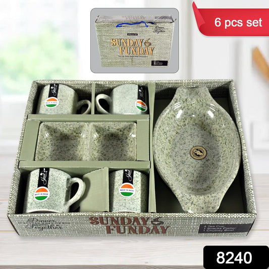 Sunday Funday Ceramic Tea / cups / Mug With Plastic Snacks Platter and 2 compartment Chutney Bowl Milk Cup, Coffee Cup, Breakfast Cup, Drinking Mug or Outdoor for Household, Gift for Birthday, Wedding Party (6 Pcs set) - infinityexculsivestore.com
