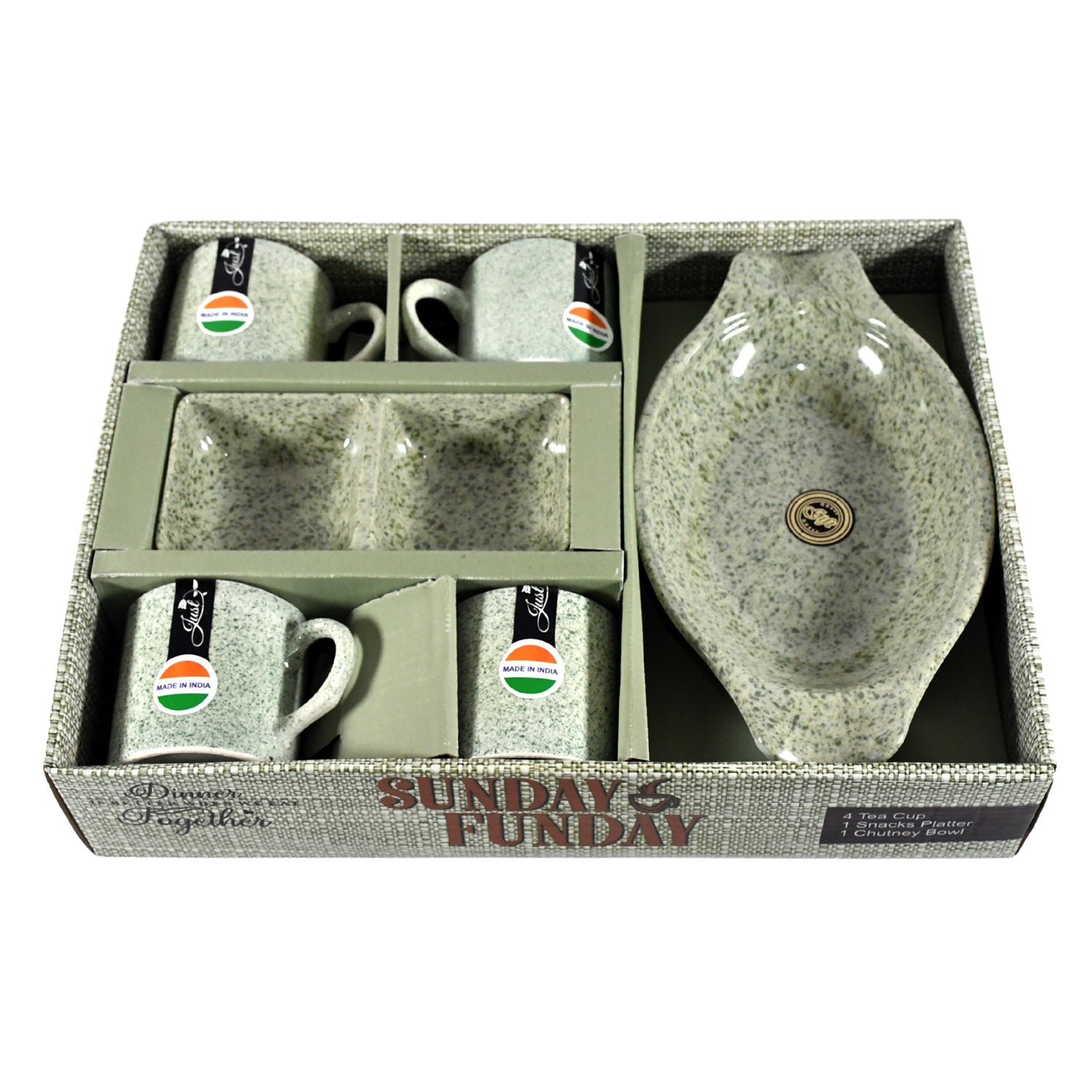Sunday Funday Ceramic Tea / cups / Mug With Plastic Snacks Platter and 2 compartment Chutney Bowl Milk Cup, Coffee Cup, Breakfast Cup, Drinking Mug or Outdoor for Household, Gift for Birthday, Wedding Party (6 Pcs set) - infinityexculsivestore.com