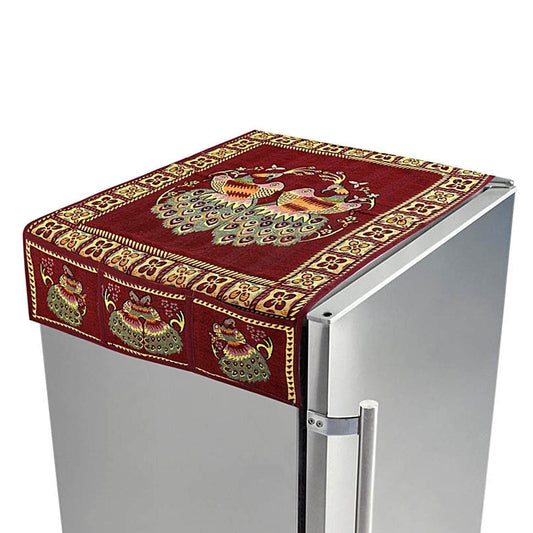 Cotton Fridge Top Cover Set - Standard, Appliance Covers Fridge Dustproof Cover with Peacock Deign 6 Utility Side Pockets Fridge Cover For All types Fridge Refrigerator Use (100x60CM) - infinityexculsivestore.com