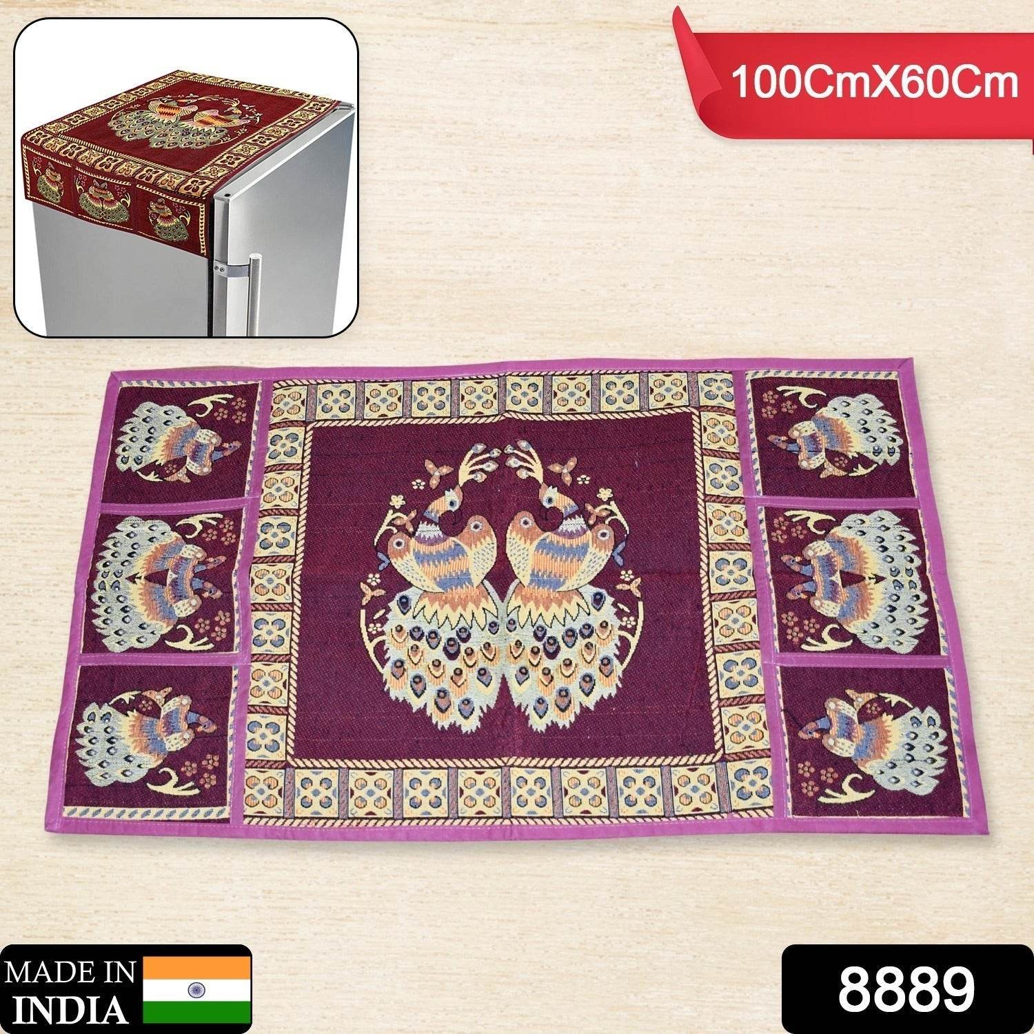 Cotton Fridge Top Cover Set - Standard, Appliance Covers Fridge Dustproof Cover with Peacock Deign 6 Utility Side Pockets Fridge Cover For All types Fridge Refrigerator Use (100x60CM) - infinityexculsivestore.com