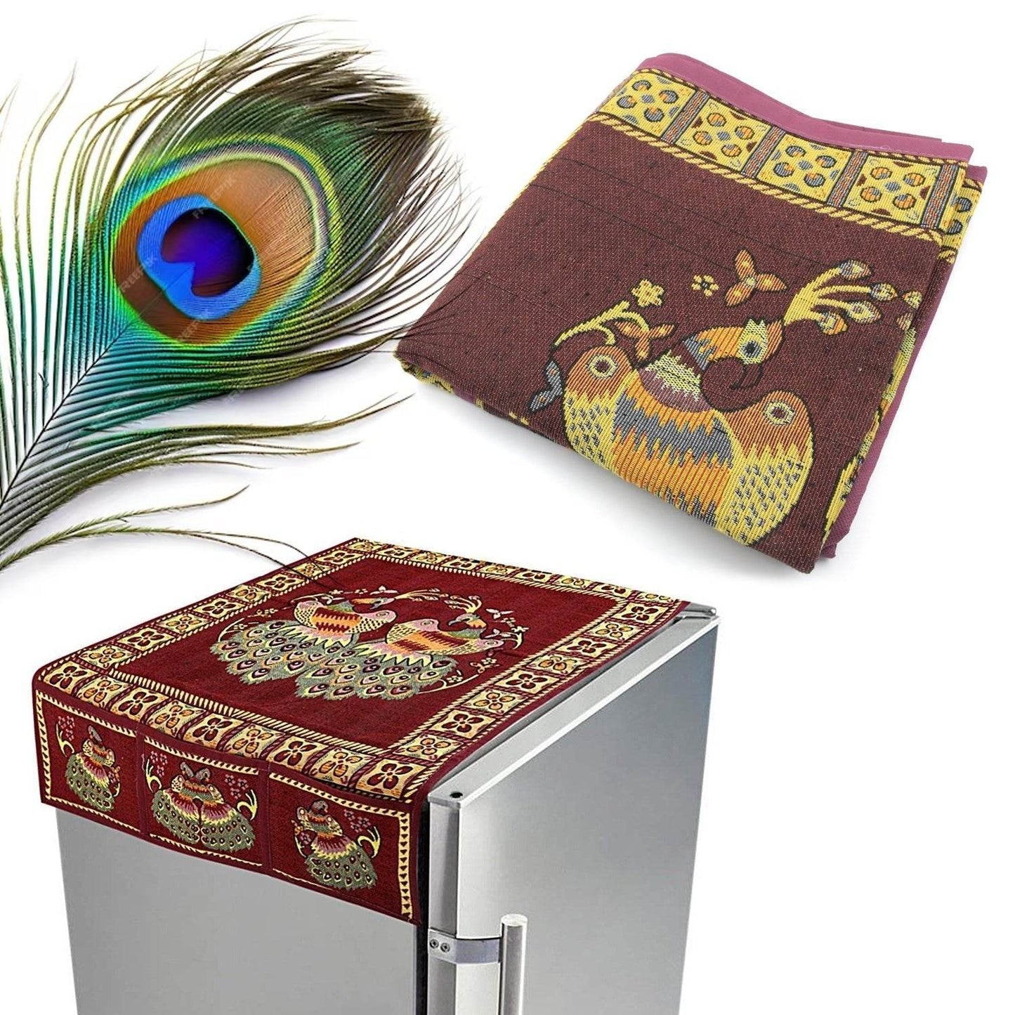 Cotton Fridge Top Cover Set - Standard, Appliance Covers Fridge Dustproof Cover with Peacock Deign 6 Utility Side Pockets Fridge Cover For All types Fridge Refrigerator Use (100x60CM) - infinityexculsivestore.com