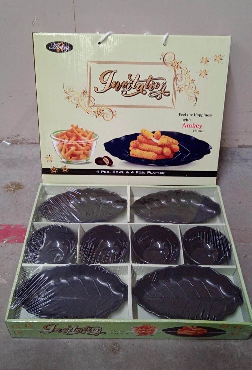 Invitation Round Ceramic Snacks Bowl With Plastic Leaf shape Serving platter Portable, Lightweight Breakfast, Serving Bowl | Ideal for Rice, Pasta, Desserts Home & Kitchen Serving Bowl & platter (8 Pcs set) - infinityexculsivestore.com