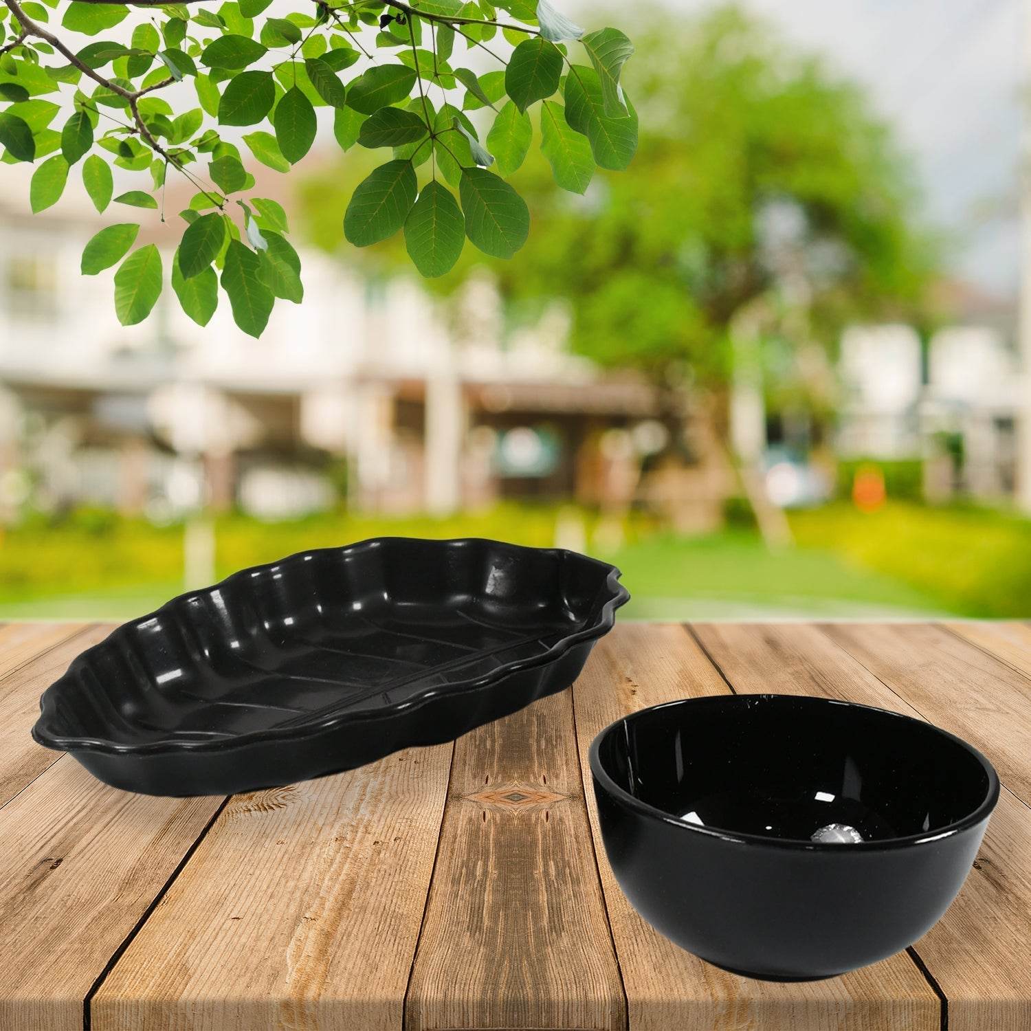Invitation Round Ceramic Snacks Bowl With Plastic Leaf shape Serving platter Portable, Lightweight Breakfast, Serving Bowl | Ideal for Rice, Pasta, Desserts Home & Kitchen Serving Bowl & platter (8 Pcs set) - infinityexculsivestore.com