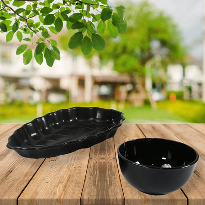 Invitation Round Ceramic Snacks Bowl With Plastic Leaf shape Serving platter Portable, Lightweight Breakfast, Serving Bowl | Ideal for Rice, Pasta, Desserts Home & Kitchen Serving Bowl & platter (8 Pcs set) - infinityexculsivestore.com
