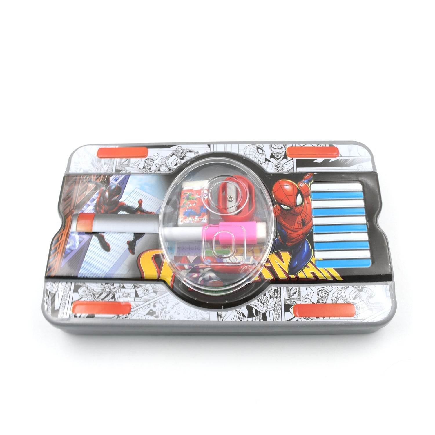 Big Cartoon Printed Metal Compass Box, Pencil Case With Sharpner, Eraser, Pencil, Marker & Scale for Kids Stationery Compass Box, Stationery Gift for School Kids Compass, Pencil Box, Birthday Return Gift for Kids (6 Pc Set) - infinityexculsivestore.com
